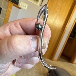 Silver Sculptural Brooch with faux Pearl Accent